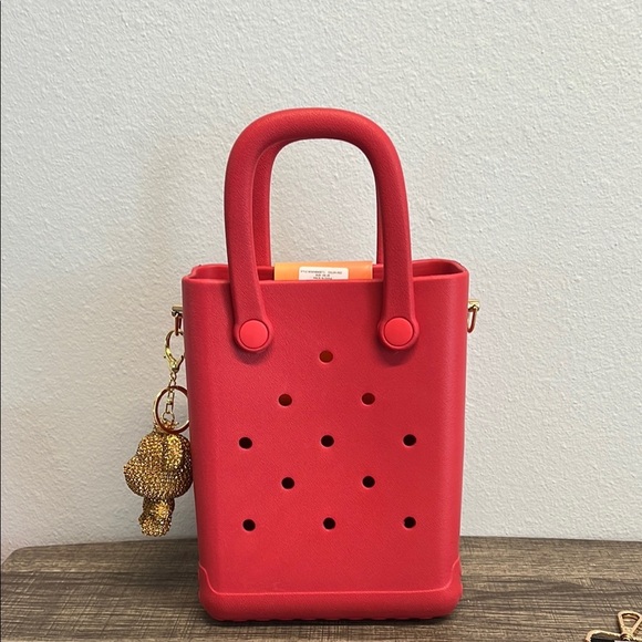 Red Mini Charm Tote with Checkered Crossbody Strap - Picture 7 of 14